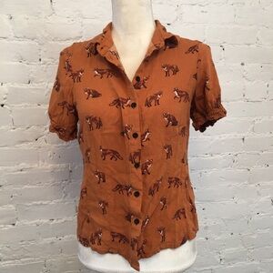 Hell Bunny short sleeve fox print blouse rust small